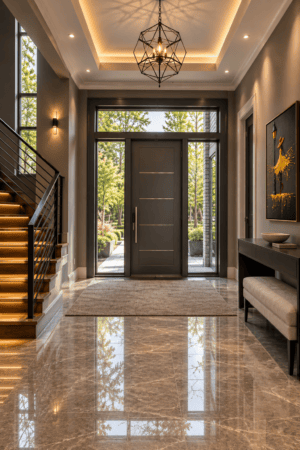 Modern entryway featuring black front door, geometric chandelier, illuminated wooden staircase, marble-look flooring, neutral area rug, and contemporary console table.
