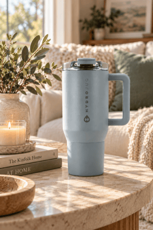 Soft blue HydroJug tumbler with handle and clear lid on a stone coffee table beside books, candle, and leafy branches.