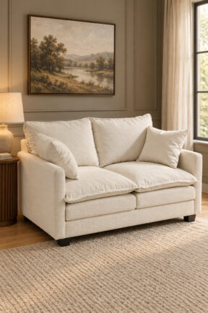 Cream upholstered loveseat sofa with deep cushions and matching pillows styled in a warm neutral living room with natural light.