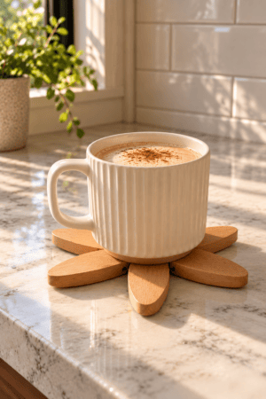 Flower-shaped wooden trivet holding a cream ribbed coffee mug on a marble-look kitchen countertop with warm natural sunlight.
