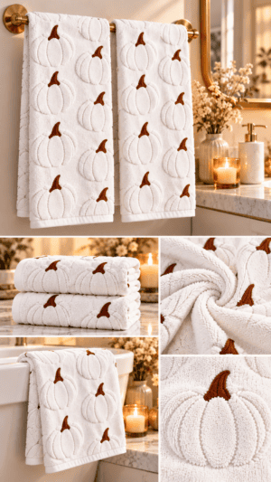 White fall bathroom towels featuring raised pumpkin designs with brown stems displayed on a gold towel bar in neutral decor.