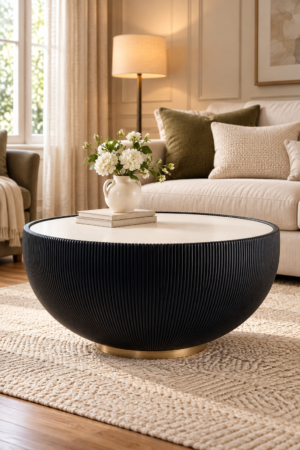 Round coffee table with a dark curved base and light tabletop styled with a vase beside upholstered seating and artwork.