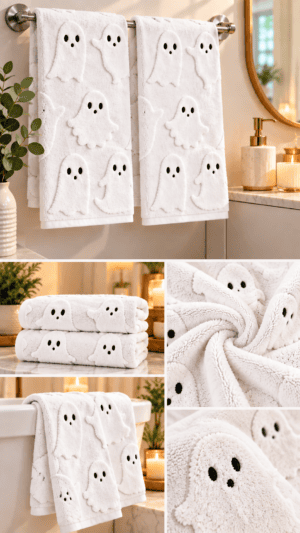 White Halloween bathroom towels featuring raised ghost designs with black faces displayed on a towel bar in cozy neutral decor.