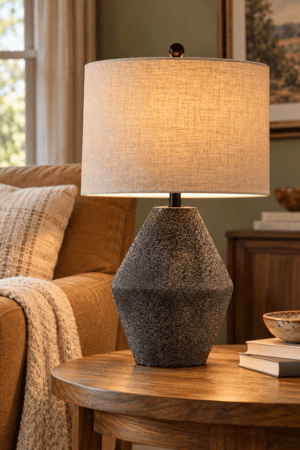 Textured charcoal table lamp with beige drum shade on round wooden table beside caramel sofa, cream throw, and stacked books.