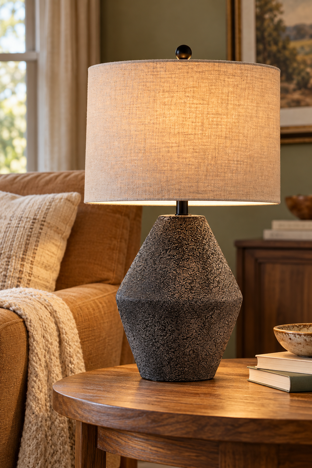 Textured charcoal table lamp with beige drum shade on round wooden table beside caramel sofa, cream throw, and stacked books.