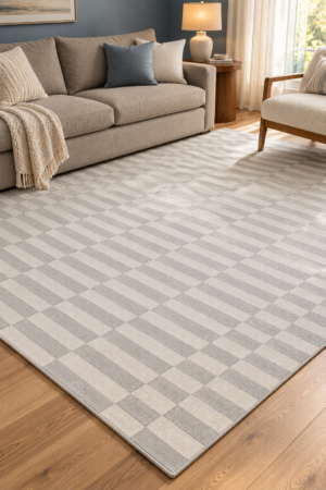 Ivory and gray geometric rug on hardwood flooring beneath a taupe sofa beside a cream armchair in sunlit living room.