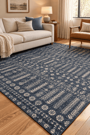 Navy blue rug with ivory botanical and geometric patterns beneath a cream sofa and cognac armchair on warm hardwood flooring.