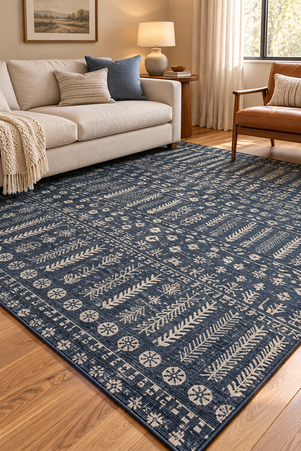 Navy blue rug with ivory botanical and geometric patterns beneath a cream sofa and cognac armchair on warm hardwood flooring.