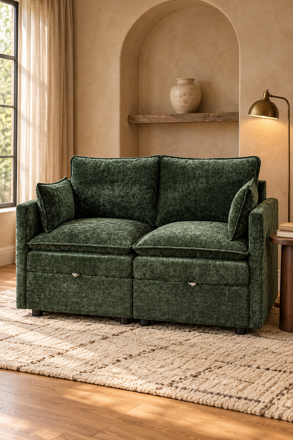 Dark green upholstered loveseat sofa with plush cushions and matching pillows styled in a warm neutral cozy living room interior.