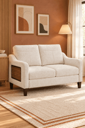 Cream upholstered loveseat sofa with wood side accent panels and cushioned seating styled in a warm terracotta modern living room.
