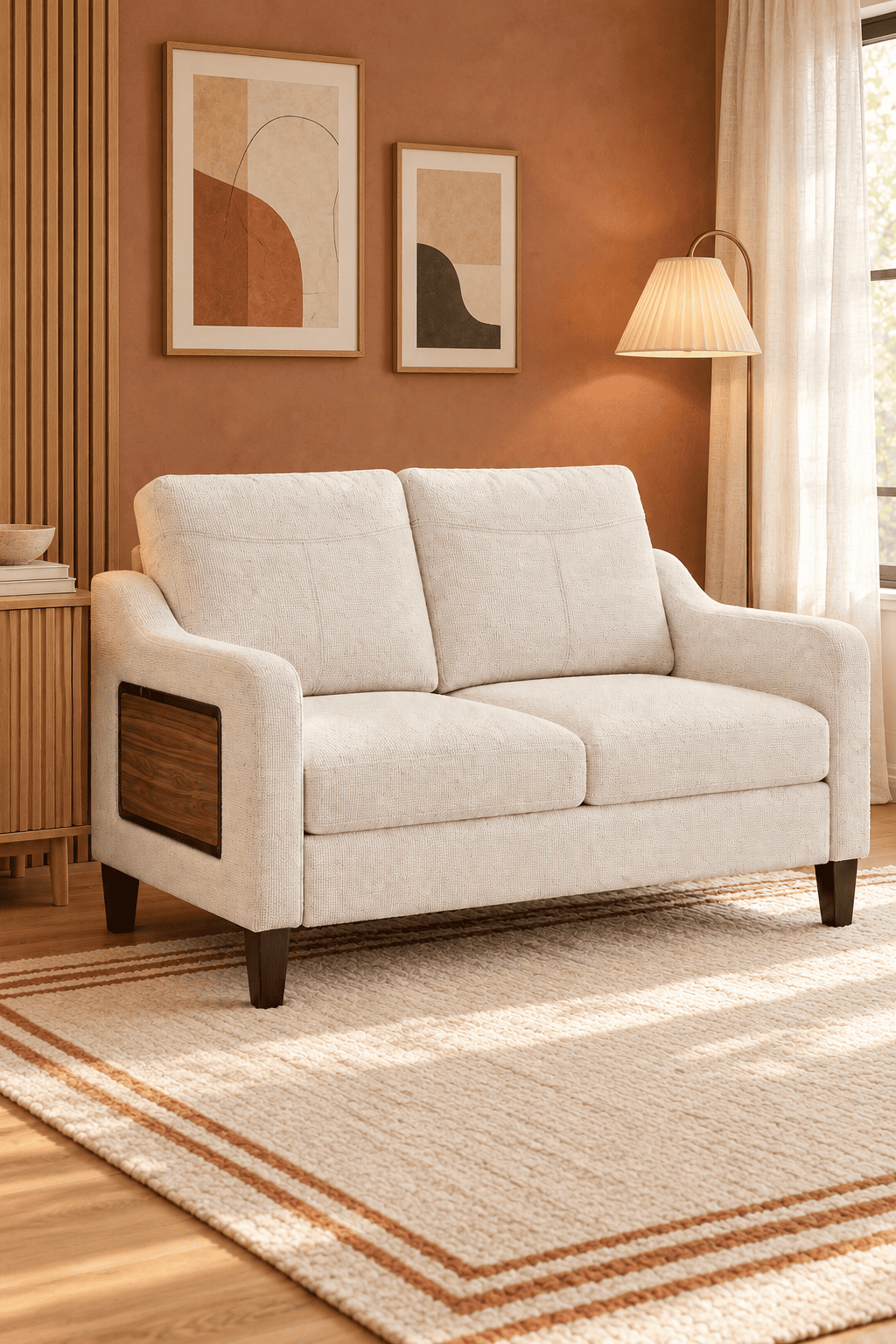 Cream upholstered loveseat sofa with wood side accent panels and cushioned seating styled in a warm terracotta modern living room.