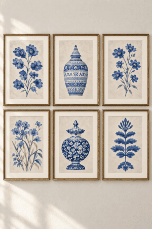 Six framed blue botanical and chinoiserie jar prints arranged in two rows of three on a light wall with sunlight.