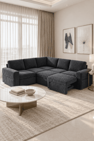 Charcoal ribbed sectional sofa with chaise seating on an ivory rug beside a round coffee table in a bright room.