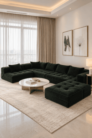 Dark green ribbed sectional sofa with tufted seats and matching ottoman beside a round coffee table on an ivory rug.