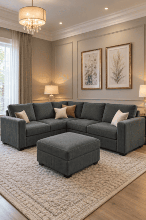 Green ribbed sectional sofa with matching ottoman and blush pillows beneath botanical prints against taupe paneled walls beside table lamps.