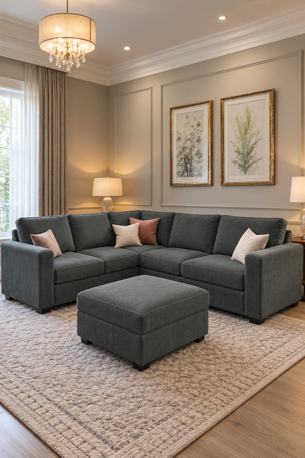 Green ribbed sectional sofa with matching ottoman and blush pillows beneath botanical prints against taupe paneled walls beside table lamps.