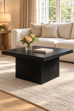 Black square coffee table with fluted pedestal base styled with flowers and a book beside a cream sofa and rug.