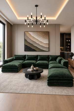 Forest green sectional sofa with two chaise extensions surrounding a black coffee table on a cream rug beneath abstract artwork.