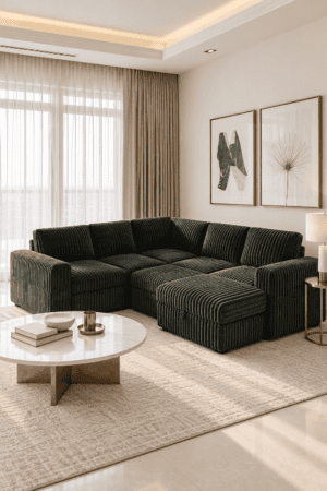 Forest green ribbed sectional with chaise beside a white coffee table surrounded by cream curtains and framed abstract wall art.