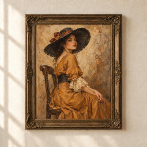 Vintage portrait of a seated woman wearing a black hat and golden brown dress in an ornate dark wall frame.