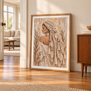 Framed boho woman portrait with braided hair, feather ornaments, and botanical details leaning against a wall beside a wooden cabinet.