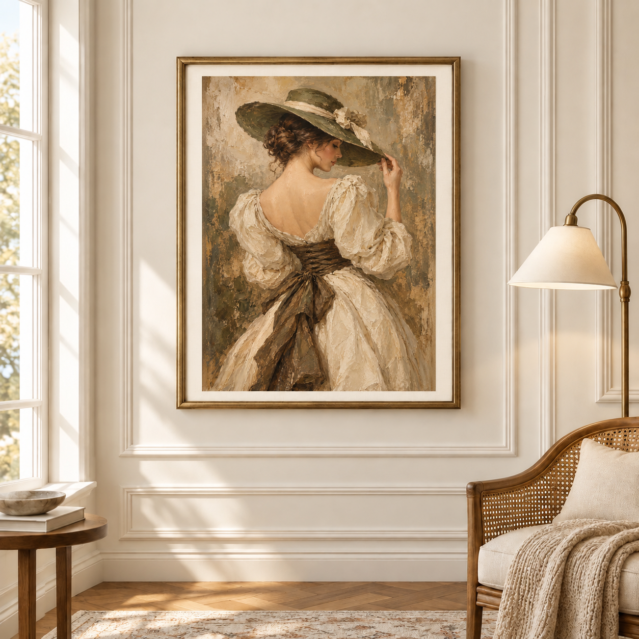 Framed vintage portrait of a woman in a cream dress and olive hat on a paneled wall beside an armchair.