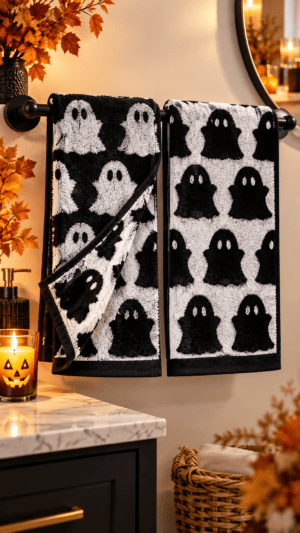 Black and white Halloween bathroom towels featuring repeating ghost patterns displayed on a black towel bar with cozy fall decor.