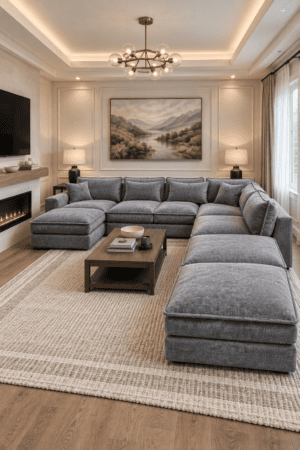 Gray sectional sofa with extended chaise seating surrounds a wooden coffee table on an ivory rug beside a lit fireplace.
