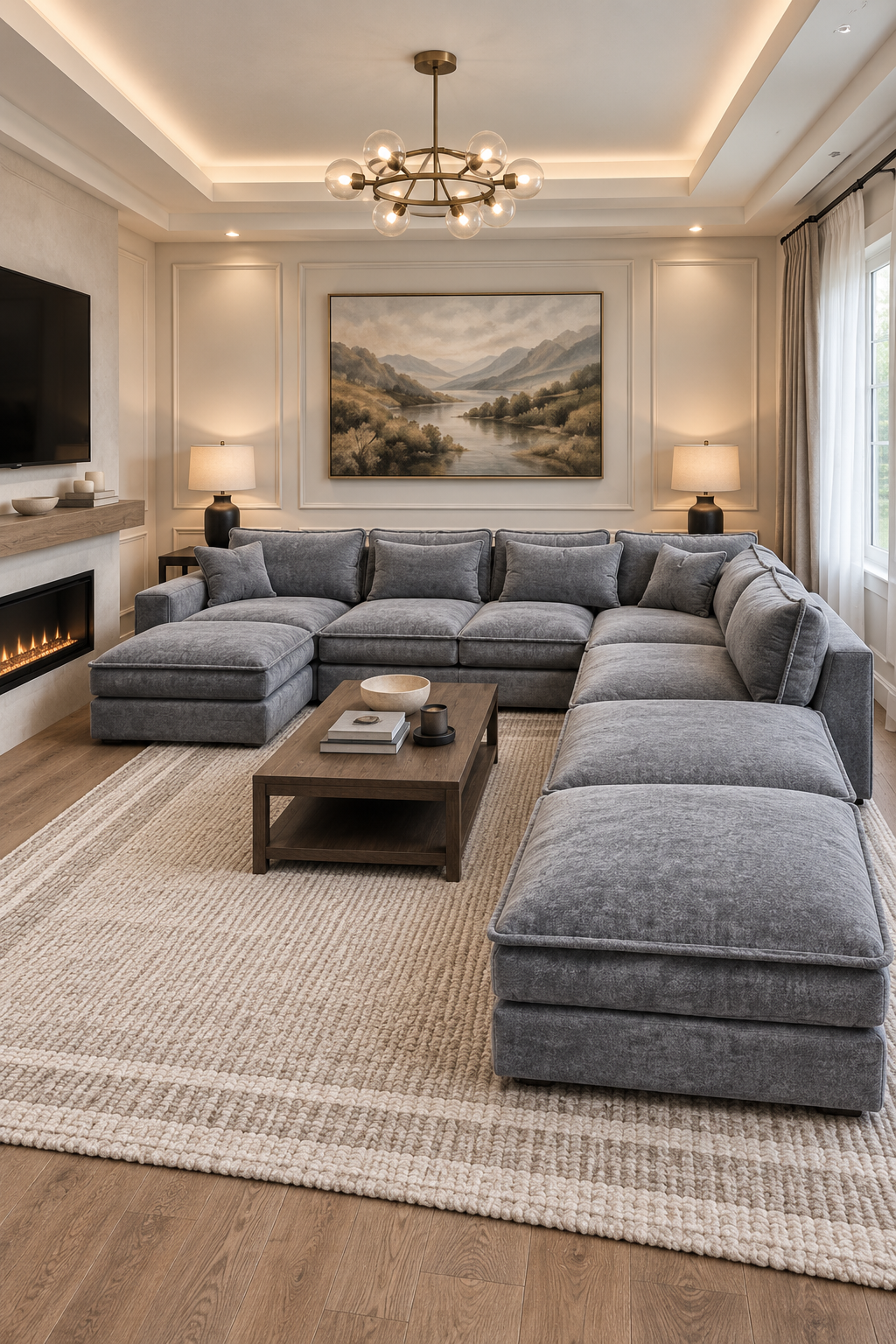 Gray sectional sofa with extended chaise seating surrounds a wooden coffee table on an ivory rug beside a lit fireplace.