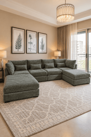 Muted Green Sectional Sofa With Matching Ottomans and Oversized Cushions