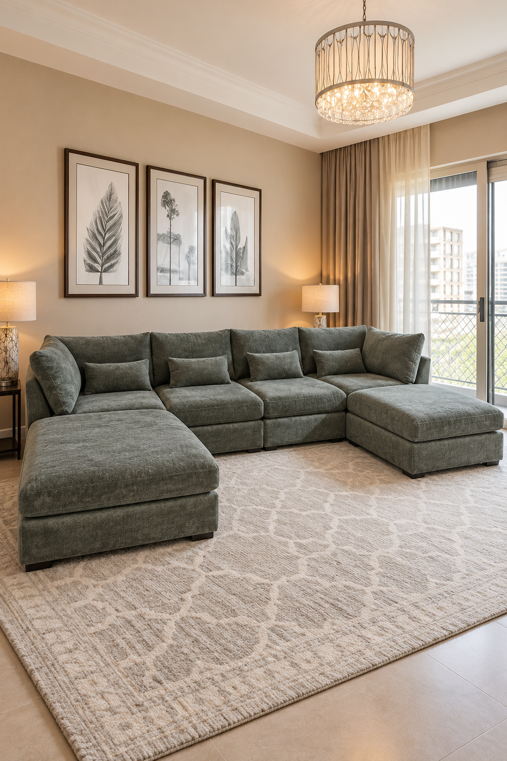 Muted Green Sectional Sofa With Matching Ottomans and Oversized Cushions