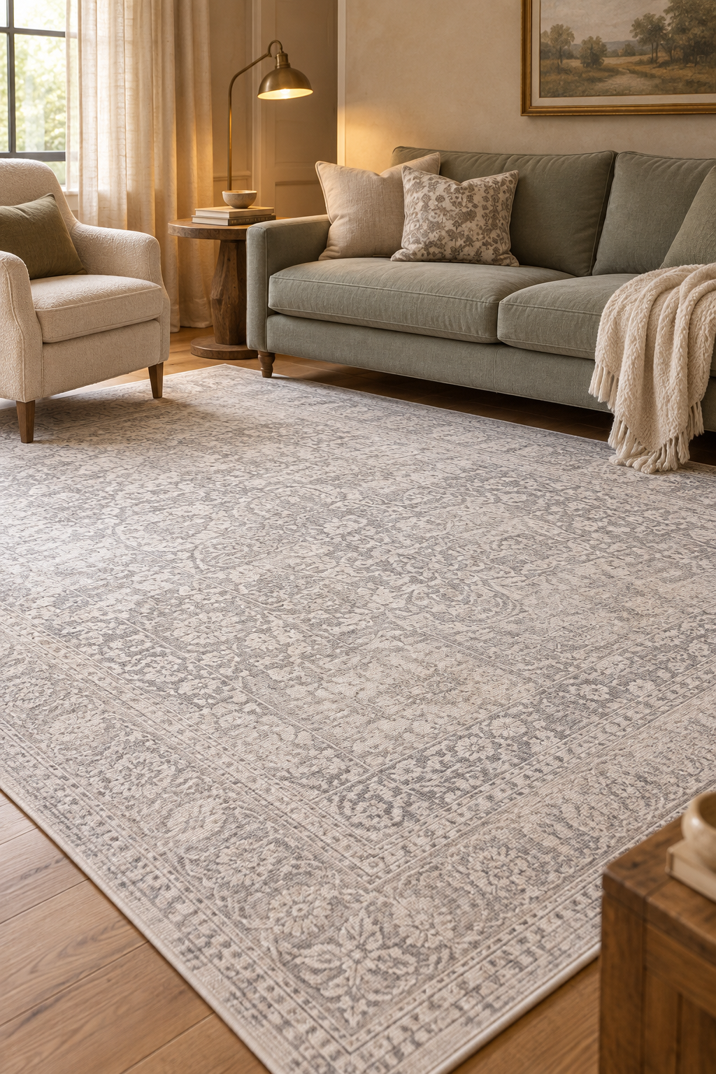 Ivory and gray floral area rug with decorative borders beneath a sage sofa and cream armchair on wooden livingroom flooring.