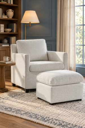 Cream upholstered accent chair with matching ottoman, plush cushions, wood accents, floor lamp, and cozy neutral reading room decor.