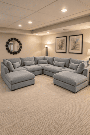 Gray sectional sofa with matching pillows and two ottomans on an ivory rug beneath botanical artwork beside a round mirror.