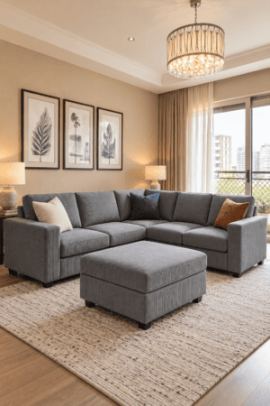 Light gray sectional couch with ribbed cushions and square ottoman features navy and rust pillows beside curtains and balcony doors.