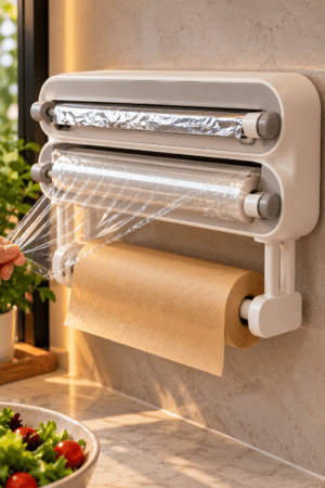 White wall mounted kitchen roll holder stores aluminum foil above transparent plastic wrap, with brown wrapping paper below, while a hand pulls clear film beside a light stone kitchen countertop.