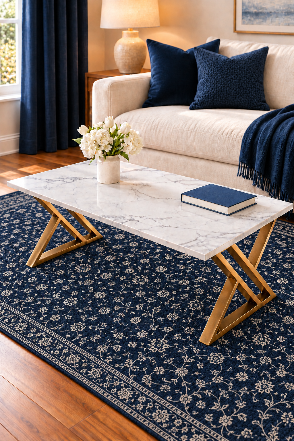 Rectangular coffee table with white marble look top and geometric gold base on a navy patterned rug beside cream seating.