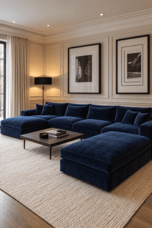 Navy blue sectional sofa with double chaise seating around a rectangular coffee table on an ivory rug beneath framed photographs.