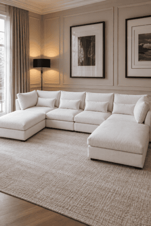 Ivory sectional sofa with two chaise ends and matching pillows on a cream rug beneath black framed artwork beside curtains.