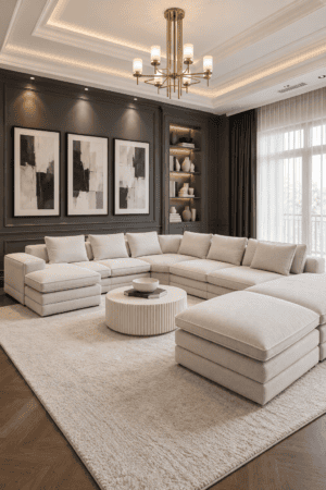 Ivory sectional sofa with matching ottomans around a round fluted coffee table on a cream rug against charcoal paneled walls.
