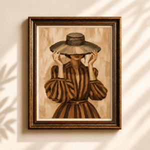 Vintage portrait of a seated woman wearing a black hat and golden dress with lace cuffs, displayed in ornate framing.