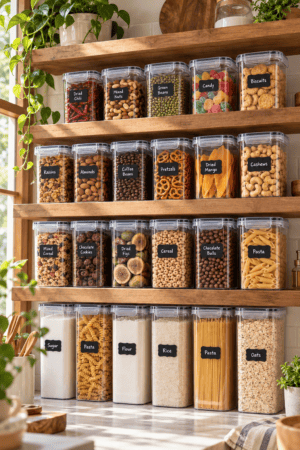 Clear pantry storage containers with labeled fronts and matching lids arranged on wooden kitchen shelves, holding grains, pasta, and snacks.