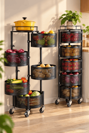 Two black kitchen storage towers with round perforated baskets and caster wheels hold fruits and vegetables, with extended baskets on one tower and vertically aligned baskets on the other tower.