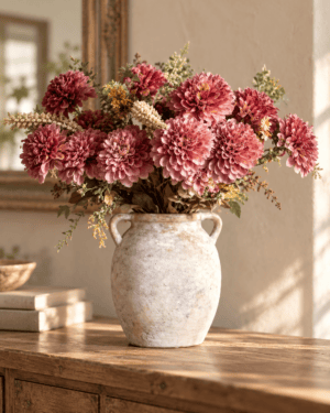 Rustic fall floral arrangement featuring dusty rose chrysanthemum flowers, golden accents, and greenery in a vintage ceramic vase on a wooden console table.