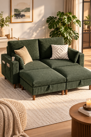 Green loveseat sofa with matching ottomans, armrest cupholders, and side pockets on an ivory rug in a sunlit living room.