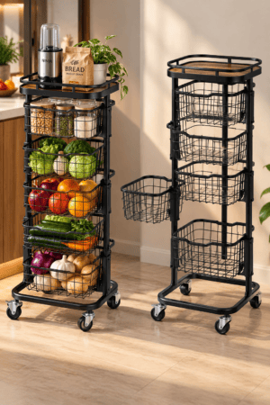 Two tall black wire kitchen basket carts with wheels and wood toned tops stand side by side, one holding groceries and the other displaying empty baskets with one extended outward.
