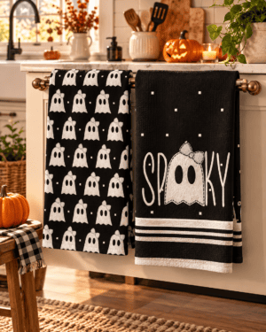 Black and white Halloween kitchen towels featuring cute ghost patterns and Spooky lettering displayed with pumpkins in cozy fall decor.