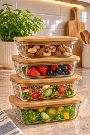 Four clear rectangular glass food storage containers with bamboo style lids are stacked on a kitchen counter, holding nuts, berries, grain salad, and leafy vegetables in different graduated container sizes.