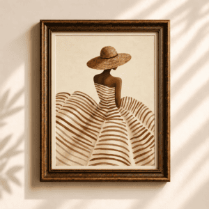 Framed portrait of a woman viewed from behind wearing a straw sunhat and flowing cream dress with curved brown stripes.