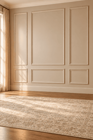 Elegant beige decorative wall molding panels featuring rectangular picture frame trim, classic wall paneling, warm wood flooring, and a neutral area rug.